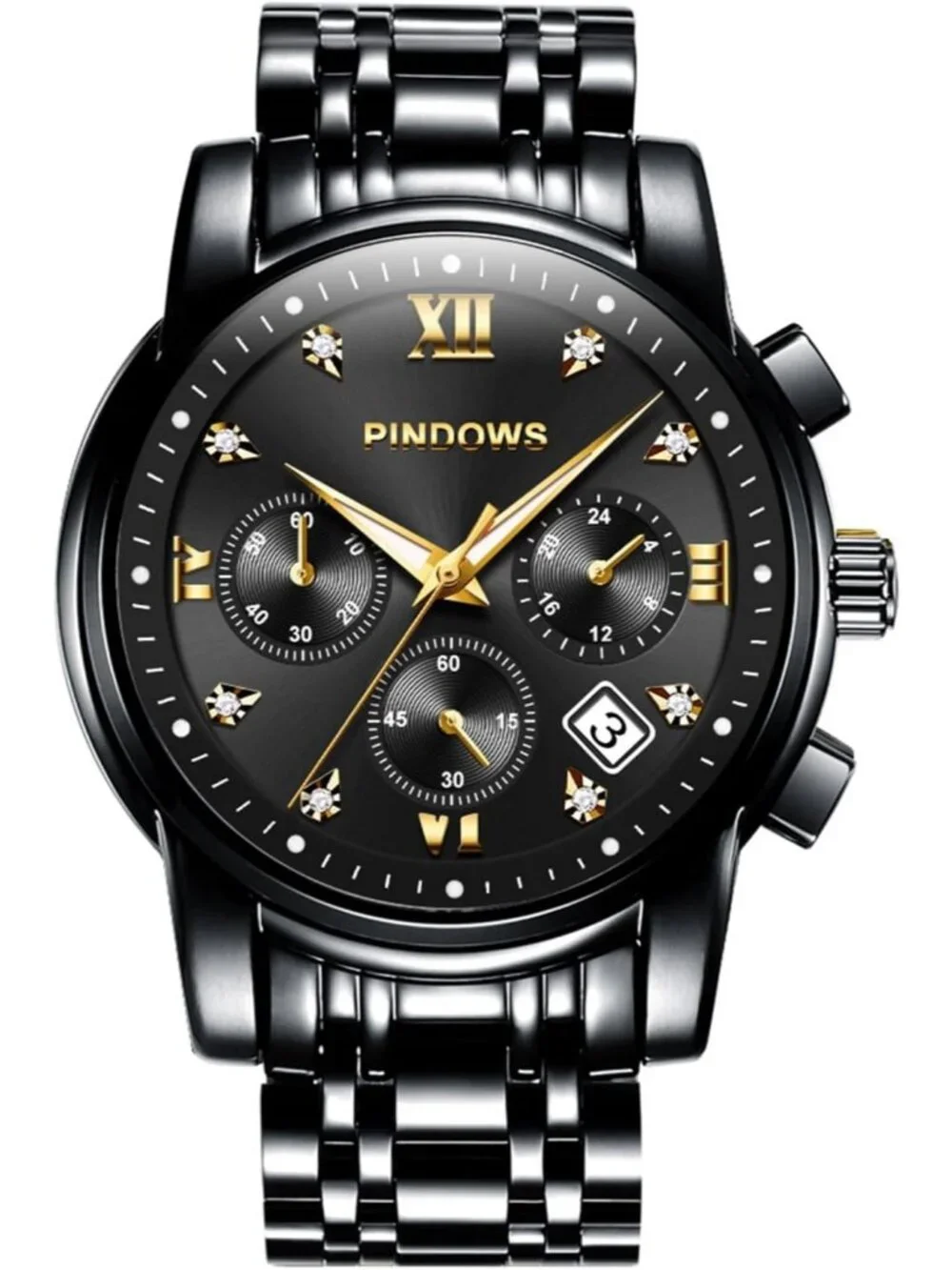 Men's All Black Classic Quartz Watch Stainless Steel Diamond Dial Wrist Watch